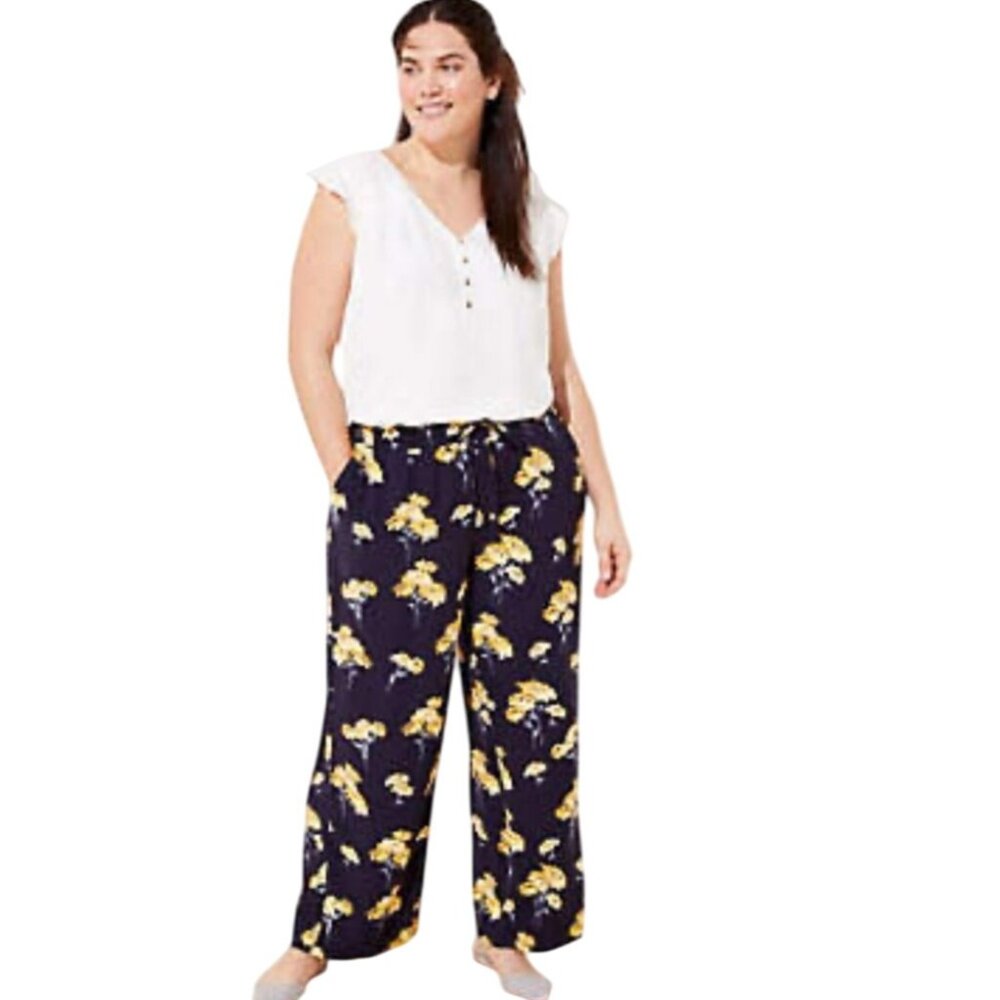 Loft Womens Wide Leg Floral Pants M Navy Drawstring Beach Boho Vacay Resort